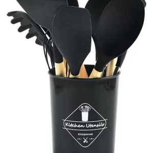 Set de 12 Utensilios Cocina Mango Madera Y Silicona