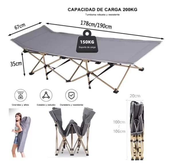 Cama Catre Plegable Resistente Reforzado 150kg + Bolso Camping - Imagen 2