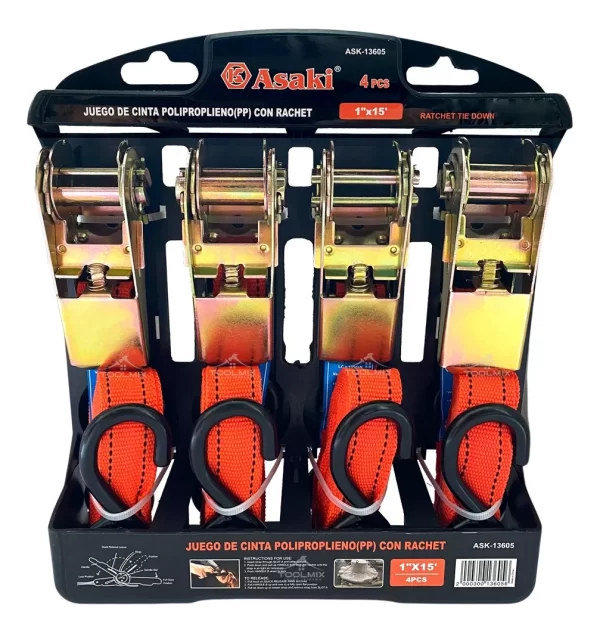 Set / Juego 4pcs Eslinga Cinta De Amarre Con Ratchet 4.6 M